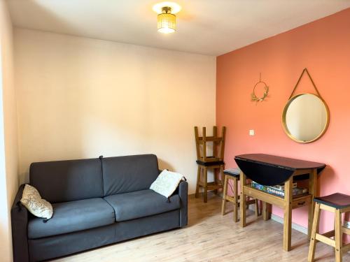 布里昂松的住宿－T2 centre Ville Proche des pistes，带沙发和镜子的客厅