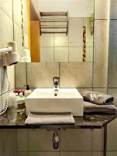 La salle de bains est pourvue d'un lavabo blanc et d'un miroir. dans l'établissement Lion Blue Point Hotel, à Tulln
