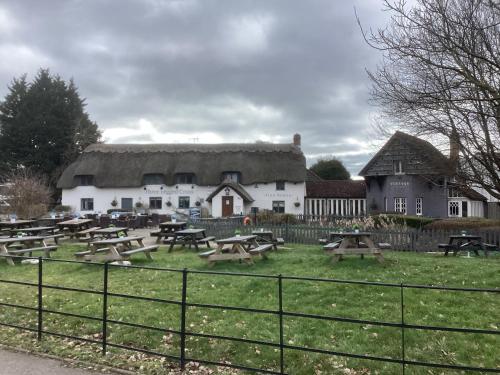 a group of picnic tables in front of a thatched building at Forest Heath Holidays - The Nook in Ringwood