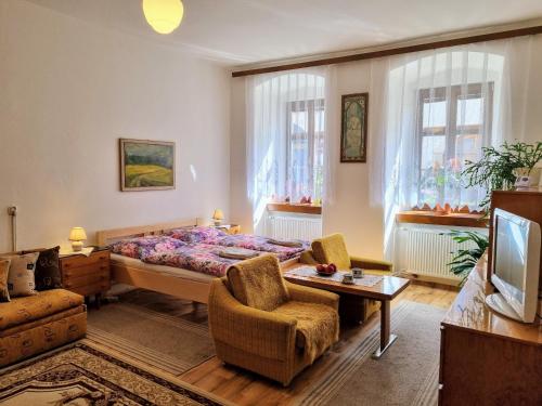 1 dormitorio con cama, sofá y TV en Apartment in a historical house in the center of Levoča, en Levoča