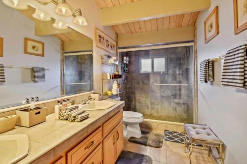 Un baño con lavabo, inodoro y ducha. en Incline Village Getaway, en Incline Village