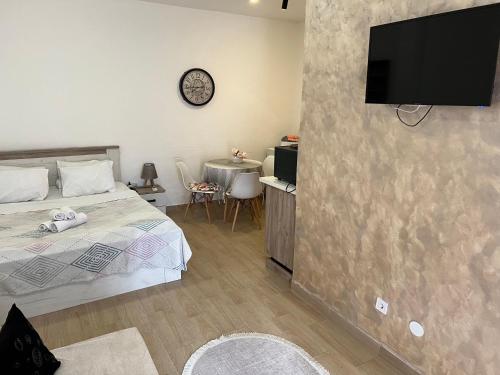 a bedroom with a bed and a tv on a wall at CASA APARTMENTS, one-bedroom apartment in Budva