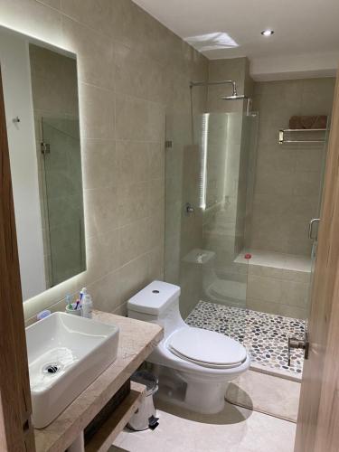 a bathroom with a toilet and a sink and a shower at Tu espacio ACAPULCO in Acapulco
