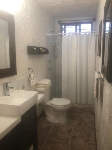 a white bathroom with a toilet and a sink at San Gabriel in Guadalajara