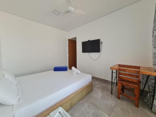a bedroom with a bed and a desk and a tv at Wafeh Fleming Suítes Pampulha in Belo Horizonte