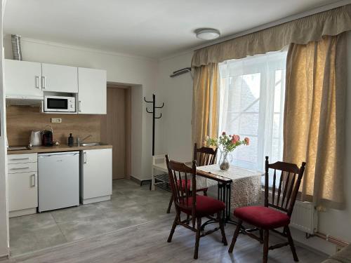 a kitchen and dining room with a table and chairs at Apartmány Formanka na náměstí in Hustopeče