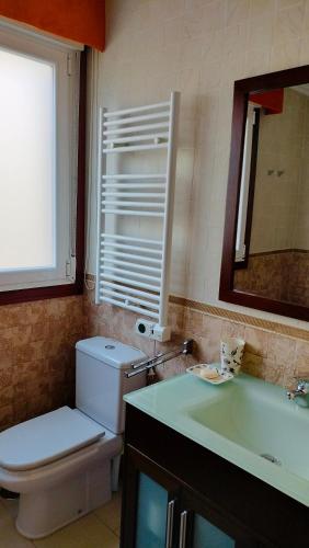 a bathroom with a toilet and a sink and a mirror at Casa Ría de Vigo in Moaña