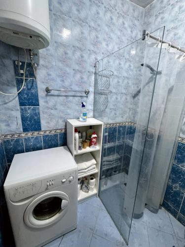 ein Bad mit einer Waschmaschine und einer Dusche in der Unterkunft Hana's Apartment - Selvia in Tirana