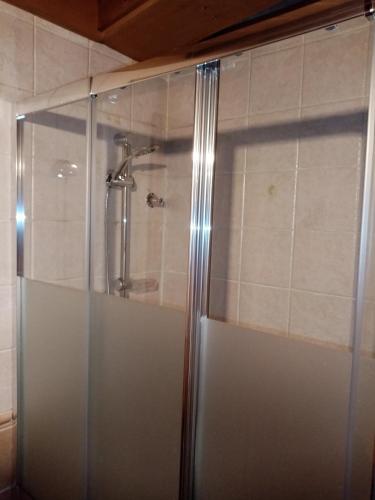 a shower with a glass door in a bathroom at La torna in Navarredonda de Gredos