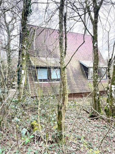 a house with a pink roof in the woods at La petite maison Durbuy in Durbuy