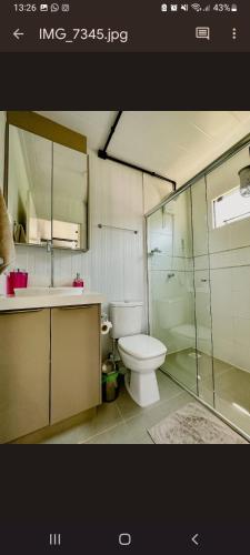 uma casa de banho com um WC e uma cabina de duche em vidro. em Casa Container Completa! - Beija Flor em Siderópolis