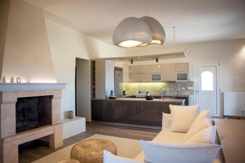 Una sala de estar con un sofá y una chimenea. en Oinopia Apartments, en Aegina Town