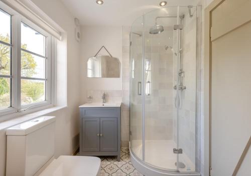 a bathroom with a shower and a toilet and a sink at Fig Tree Cottage - Corfe Castle in Corfe Castle