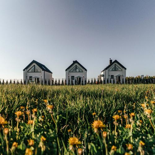 three houses in a field of grass with flowers at Sea & Sun in Wierzchucino