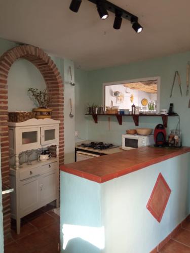 a kitchen with a counter with a stove and an oven at Hostal R-Conecta in Cuevas de San Marcos