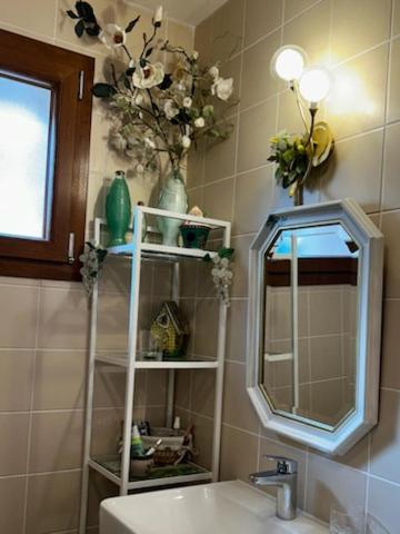 La salle de bains est pourvue d'un lavabo, d'un miroir et de fleurs. dans l'établissement le 438 baie de somme bis, à Chépy