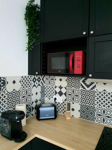 une cuisine avec un comptoir avec un micro-ondes dans l'établissement Appartement cosy & cocooning, à Asnières-sur-Seine