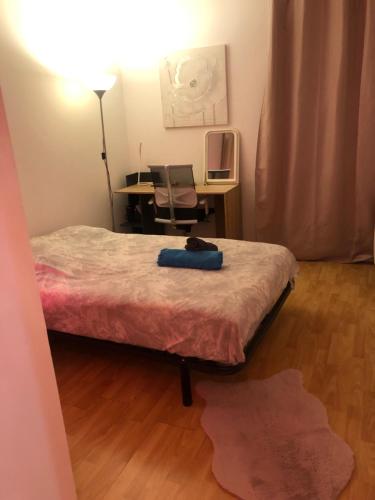 Cette chambre comprend un lit et un bureau avec un ordinateur. dans l'établissement Appartement de la fontaine, à Bry-sur-Marne