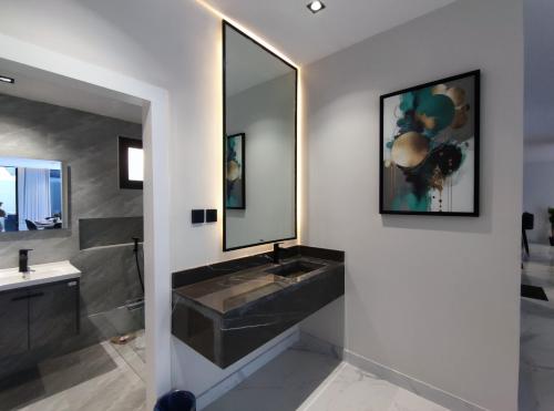 uma casa de banho com um lavatório e um espelho em فلل لافيندا الفندقية em Riade