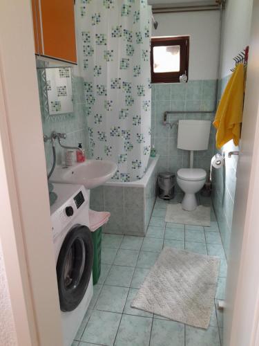 a bathroom with a sink and a washing machine at Lana apartman Pijavice in Jajce