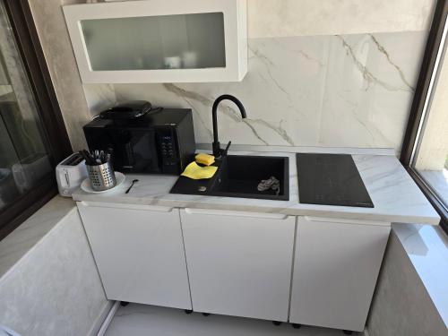 a white kitchen with a sink and a microwave at Terra Residence Beiuș in Beiuş