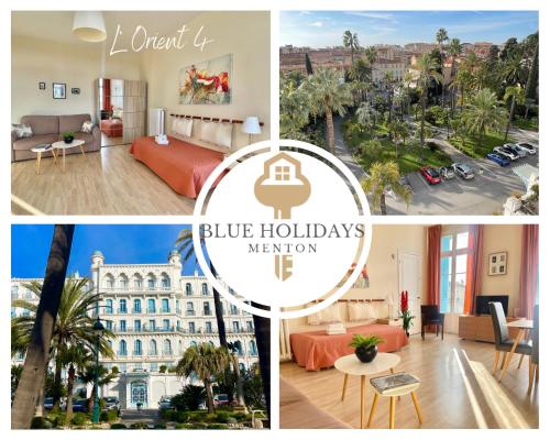 a collage of pictures of a hotel with blue holidays memory at L'Orient Palace Apartments in Menton