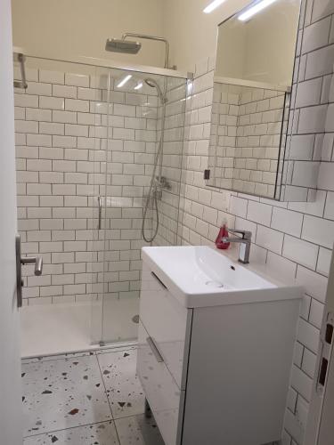 une salle de bain blanche avec un lavabo et une douche dans l'établissement MAGNIFIQUE Pépite au bord de l eau, à Martigues