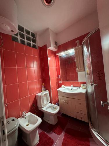 uma casa de banho com um lavatório, um WC e um chuveiro em SN Apartment city center em Shkodër