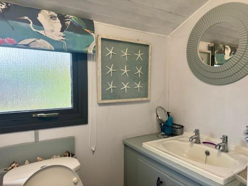 y baño con lavabo, aseo y espejo. en Stunning 2 Bed Lodge On The Lake, en South Cerney