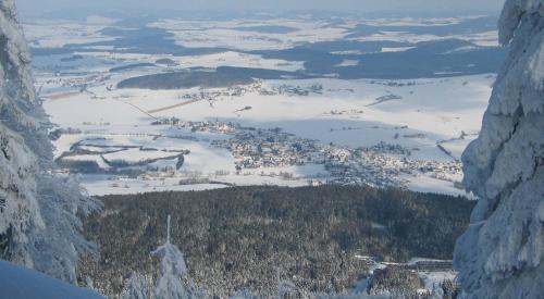 an aerial view of a town in the snow at Schönblick Hohenbogen in Neukirchen beim Heiligen Blut