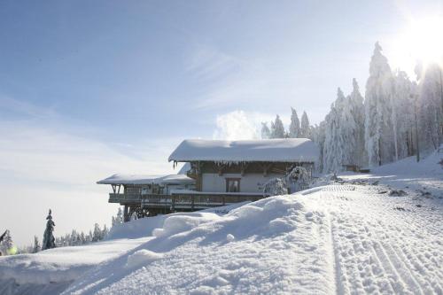 a building covered in snow next to a pile of snow at Schönblick Hohenbogen in Neukirchen beim Heiligen Blut
