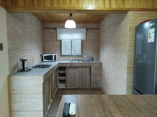 eine Küche mit einer Spüle, einem Kühlschrank und einer Mikrowelle in der Unterkunft Cabaña Refugio Alta Cordillera Tulahuén 8 personas in Piedra Lisa