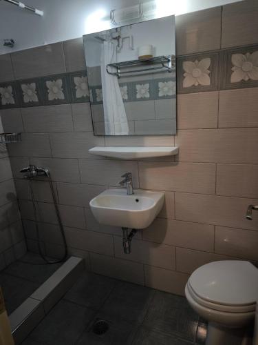 a bathroom with a sink and a toilet and a mirror at Maro's Apartments in Argostoli