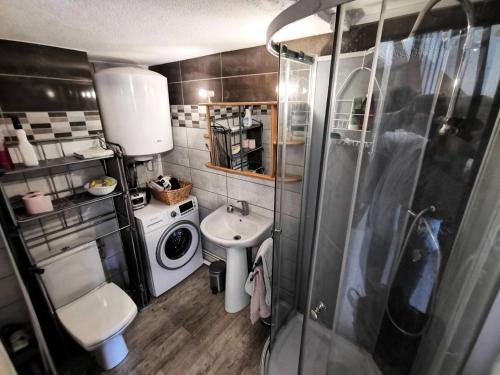La petite salle de bains est pourvue d'un lavabo et d'un lave-linge. dans l'établissement Résidence Cote D'oc - Appartement deux pièces mezzanine - 4 couchages PORT LEUCATE. 2CO_35B MAE-7041, à Leucate
