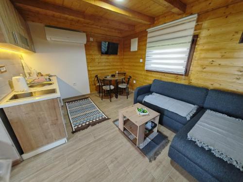 uma sala de estar com um sofá azul e uma mesa em Apartman Dača em Malo Laole