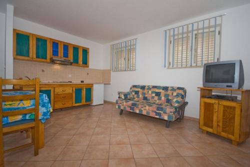 a living room with a couch and a tv at Sunny Adriatic apartments Valentin in Vrsar