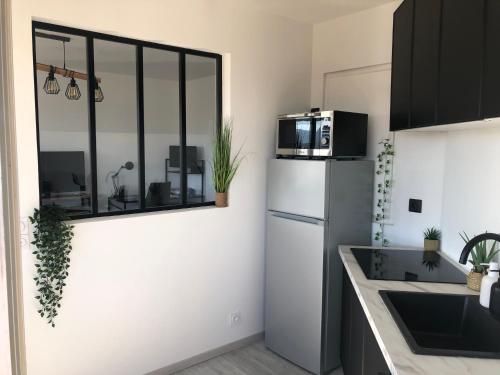 une cuisine avec un réfrigérateur et un micro-ondes dans l'établissement T1 panoramique, à Mandelieu-la-Napoule