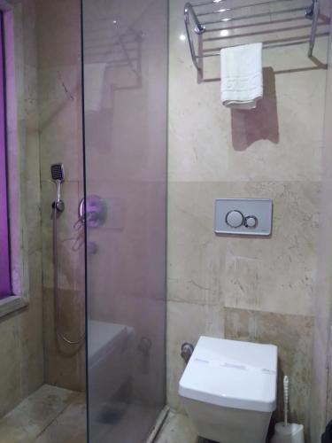 a bathroom with a shower with a toilet and a sink at Hotel Barlas Fethiye in Fethiye