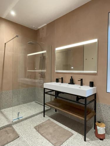 une salle de bain avec un lavabo blanc et une douche dans l'établissement La Petite Ecurie, à Montséret