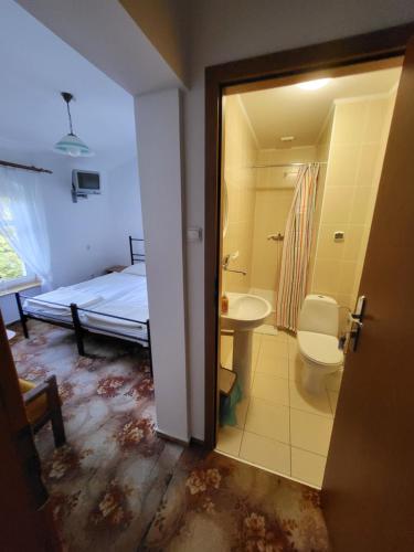 a bathroom with a toilet and a sink and a bed at Wille Amber in Mielno