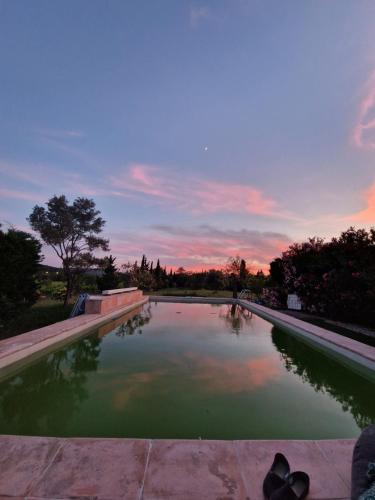 une piscine d'eau avec un coucher de soleil en arrière-plan dans l'établissement Maison dans les vignes, aux Arcs-sur-Argens