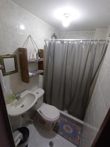 a bathroom with a shower and a toilet and a sink at Aparta estudio Fantástico in Bucaramanga