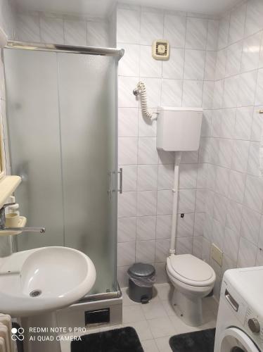 a white bathroom with a toilet and a shower at DiV 3 in Novi Sad
