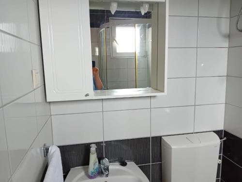 a bathroom with a sink and a mirror and a toilet at Apartman Peace 3 in Međugorje
