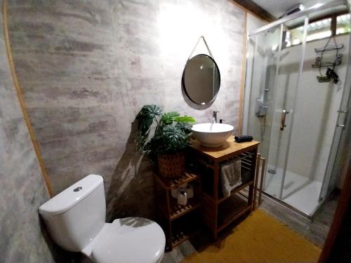 La salle de bains est pourvue de toilettes, d'un lavabo et d'un miroir. dans l'établissement MOOREA - Tropical Nest, à Hauru