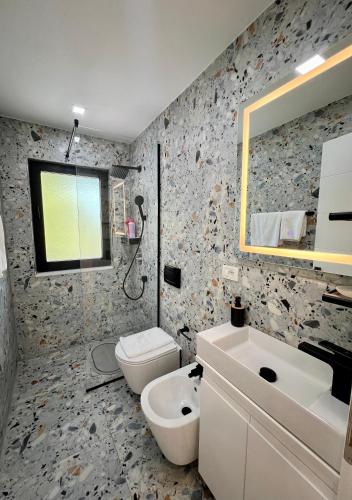 a bathroom with a toilet and a sink and a mirror at Aria's Apartments in Elbasan