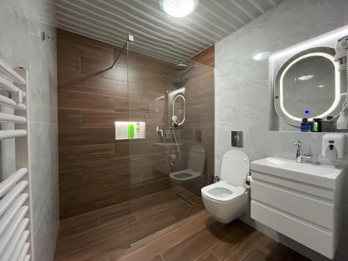 a bathroom with a toilet and a sink and a mirror at Villa Dislievski in Ohrid