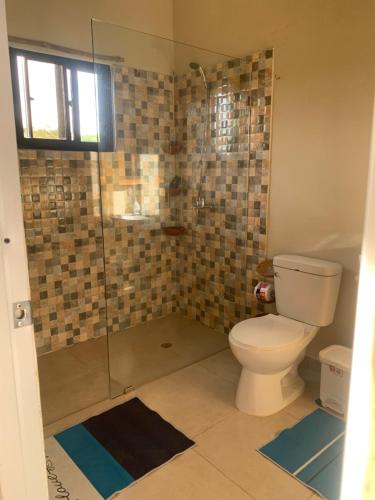 a bathroom with a toilet and a glass shower at Palma Real 1 in Madama