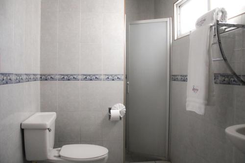 a bathroom with a toilet and a sink at Hotel La Quinta Posada Real in Culiacán