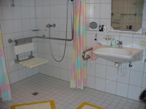 La salle de bains est pourvue d'un lavabo et d'une douche. dans l'établissement Bruckhuberhof, à Hirschbach